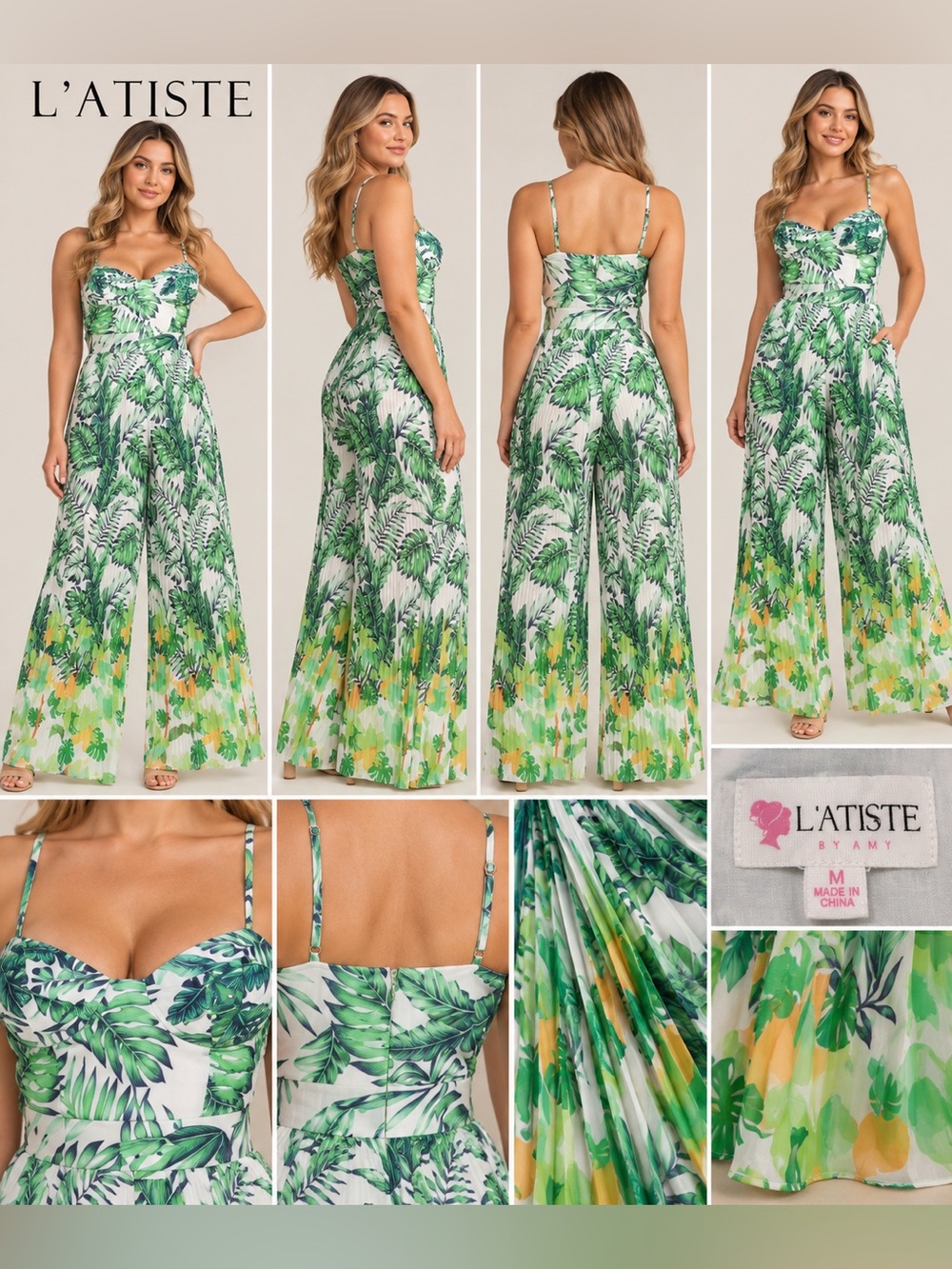 L’Atiste Tropical Leaf Pleated Wide Leg Jumpsuit Green White Size M